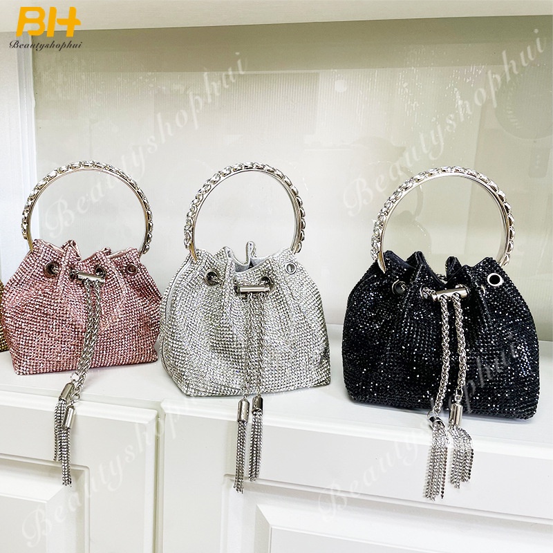 Túi Bucket Cầm Tay Đính Đá Phối Tua Rua Toàn Diện Thời Trang Cho Nữ