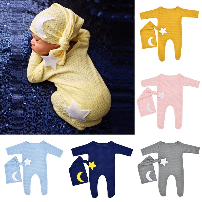 Set 2 Món Áo Liền Quần Đan Len + Mũ Thắt Nút Đuôi Dài + Băng Đô Làm Đạo Cụ Chụp