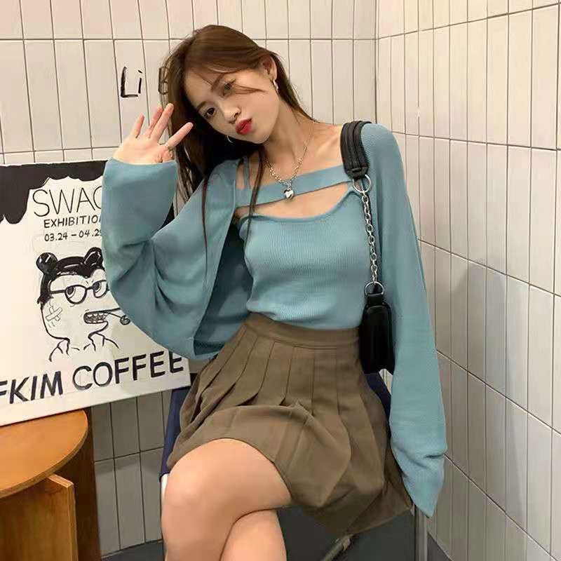 Bộ Áo Khoác Cardigan + Áo Hai Dây Xinh Xắn Theo Phong Cách Hàn Quốc