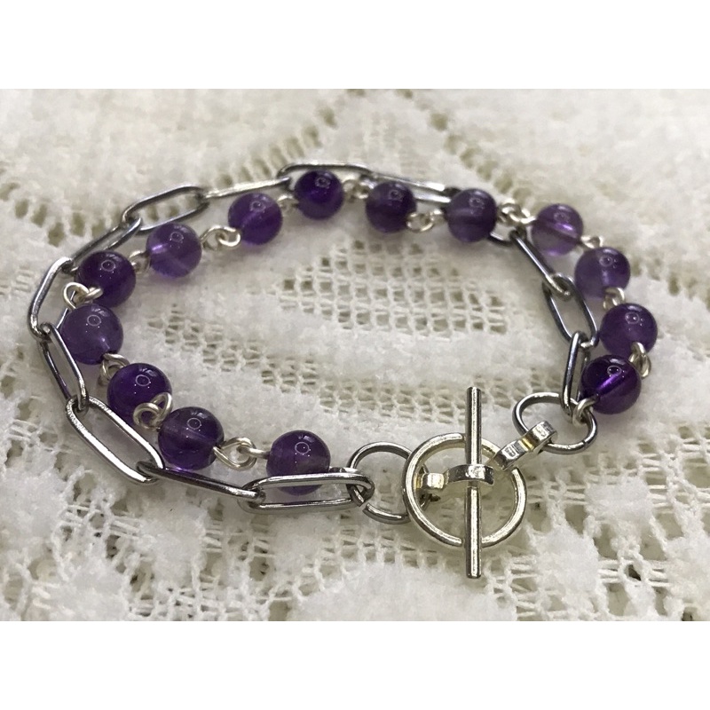 vòng tay đá thach anh tím (amethyst) phối xích đơn giản