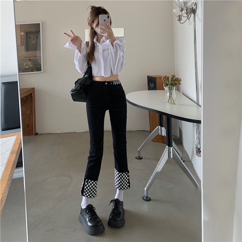 Quần jean ống đứng dáng rộng họa tiết sọc caro thời trang Hàn Quốc dễ phối đồ cho nữ | BigBuy360 - bigbuy360.vn