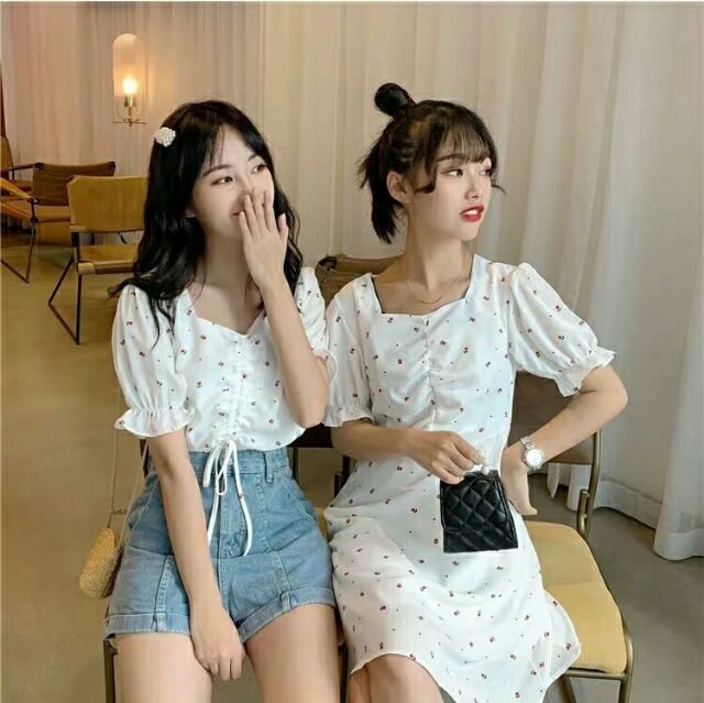 Set Áo Croptop & Váy Bạn Thân ( BFF) Trắng Hoạ Tiết Hoa Hồng Quảng Châu Ulzzang Giá Rẻ