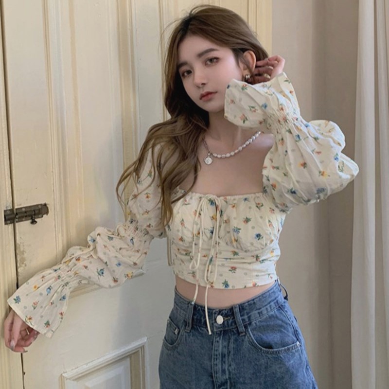 QKOOLE  Áo kiểu tay dài cổ vuông in họa tiết hoa nhún bèo phong cách Hàn Quốc quyến rũ thời trang dành cho nữ