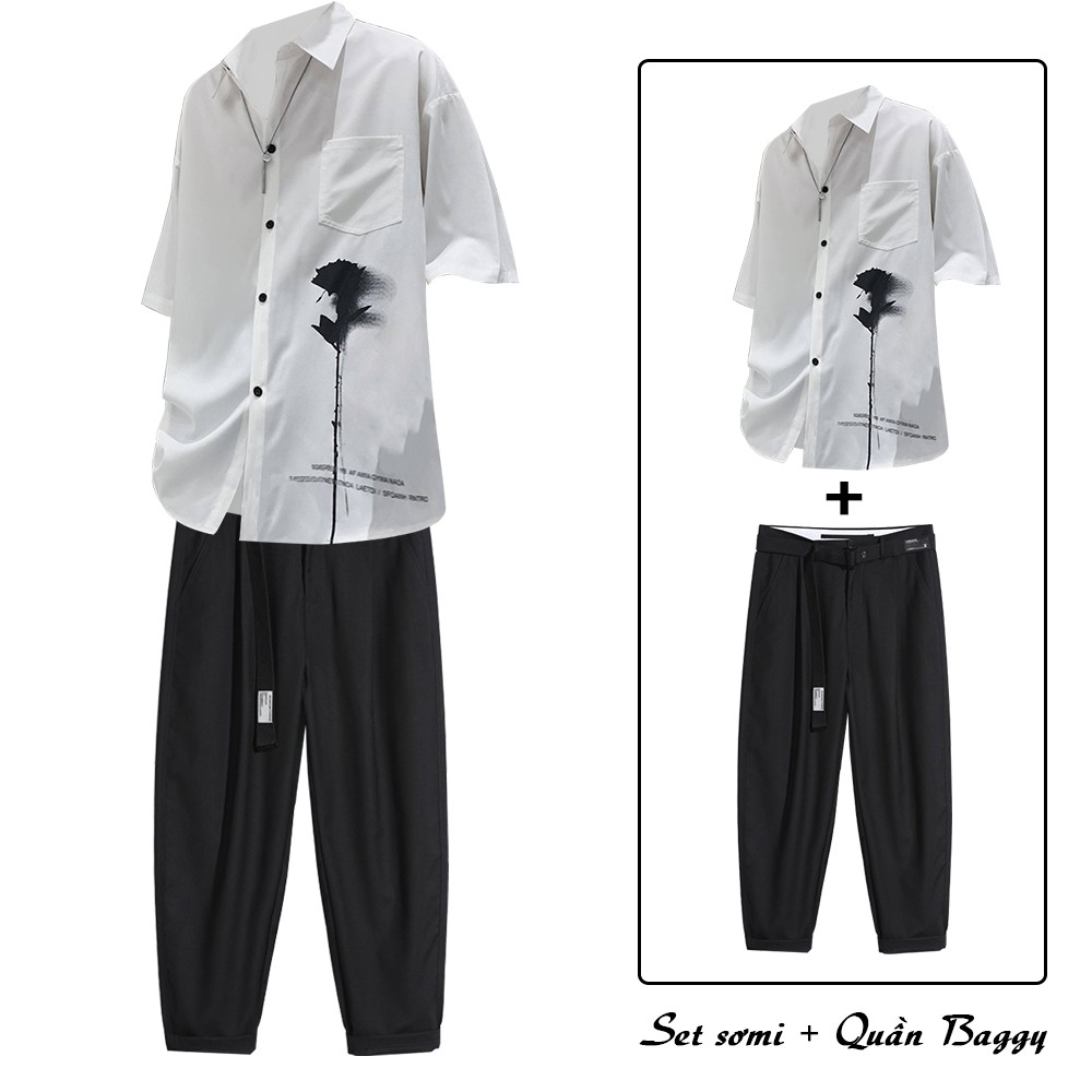 SOMI 41 + JOGGER 66 - Combo Áo Sơ Mi Ngắn Tay Hoa Hồng Kết Hợp Quần Tây Âu Chinos Dáng Baggy 3 Màu Basic ZENKODLMEN