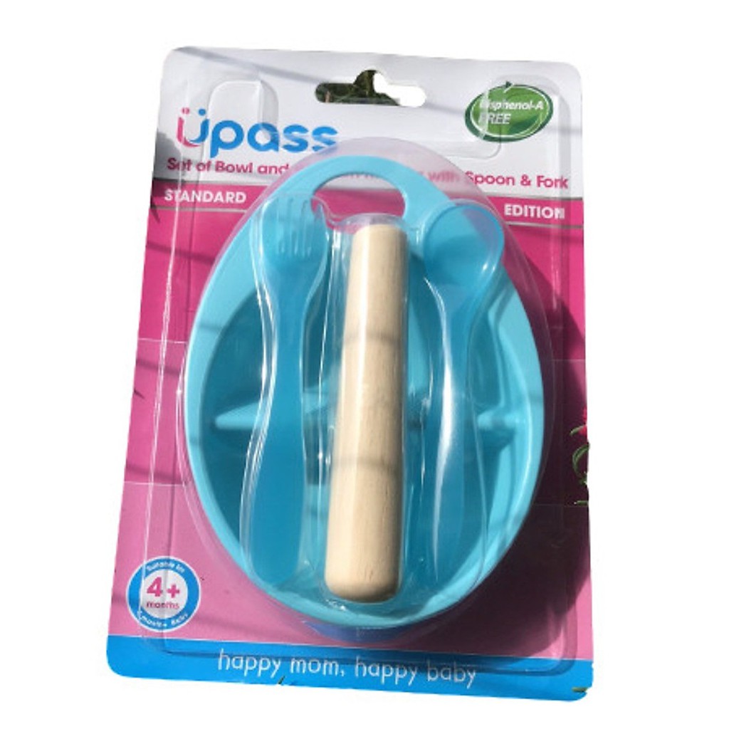 Bộ bát và dụng cụ nghiền thức ăn bằng gỗ Upass (kèm thìa và dĩa) màu hồng - Thái Lan - UP4010W