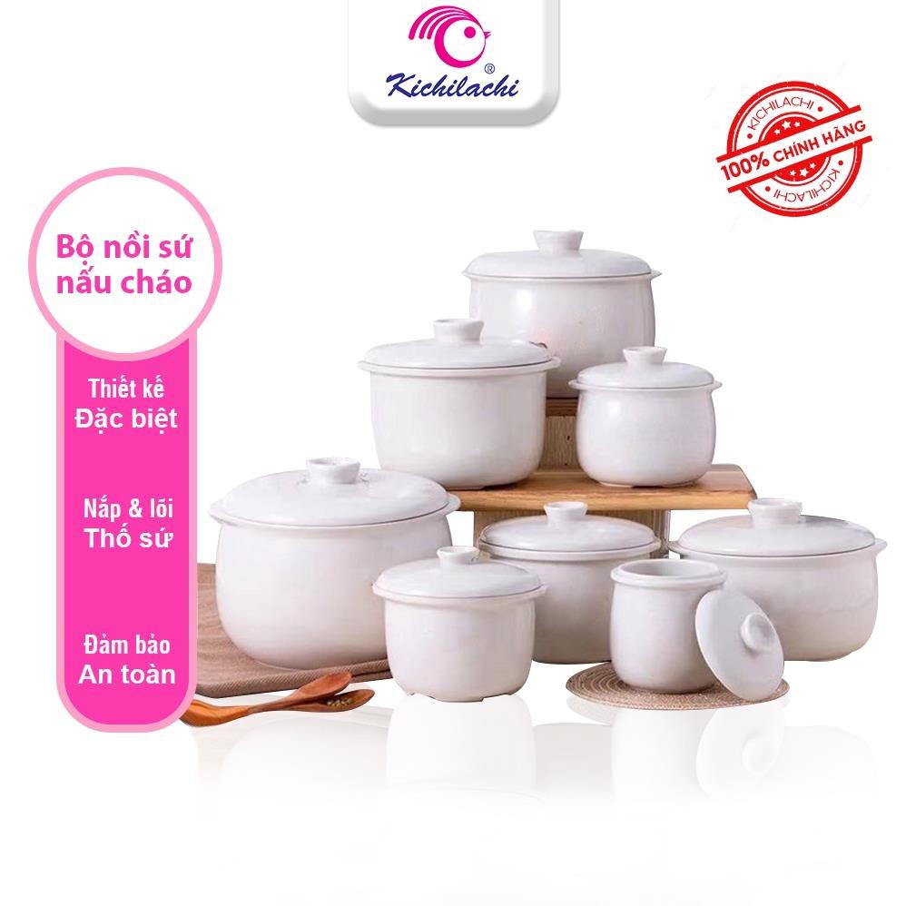 Phụ kiện thố sứ nồi nấu cháo cao cấp Kichilachi 0.5L 0.8L 1.2L cho bé