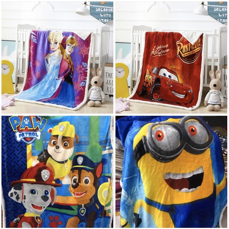 Chăn lông cừu trẻ em, chăn bông, tuyết nhung, 2 mặt elsa ô tô chó cứu hộ Minion cho bé