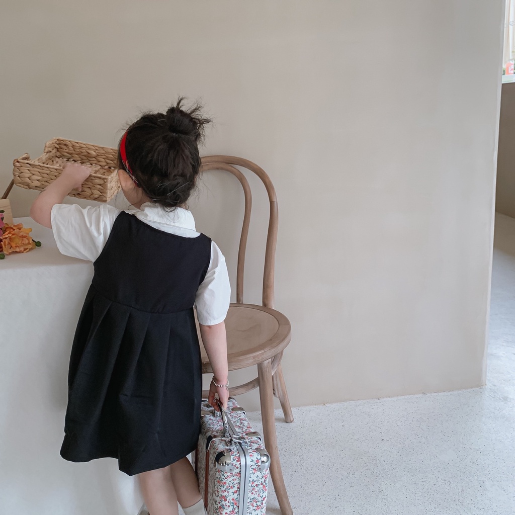 SG095 - Set váy yếm học sinh kèm áo sơ mi nơ đỏ sz 80-130, nơ tháo rời, áo cộc tay, bé gái hè 2022