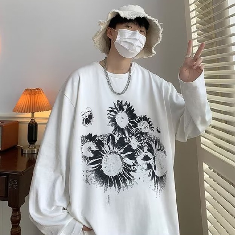 Áo Thun Tay Dài Dáng Rộng In Họa Tiết Hoa Phong Cách Hàn Quốc Thời Trang Cho Nam Và Nữ size M-5XL