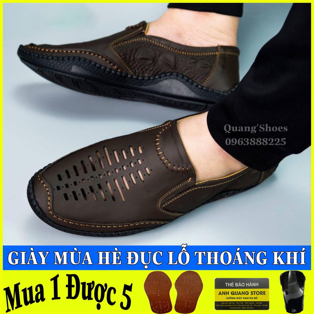 Giày lười nam mùa hè đục lỗ thoáng khí da bò thật đế khâu chỉ bảo hành 1 năm Q25 ...