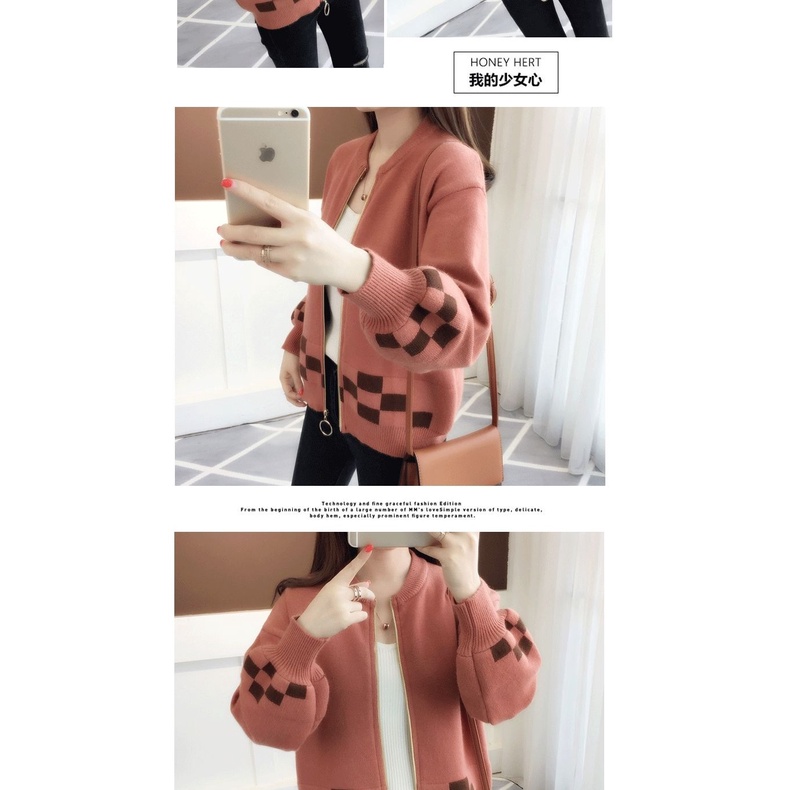 Áo Khoác Cardigan Dệt Kim Tay Phồng Dáng Rộng Màu Sắc Tương Phản Phong Cách Hàn Quốc Thời Trang