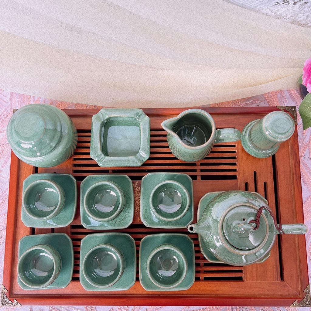 Bộ Ấm Trà ⚱ Gốm Sứ Bát Tràng ⚱ Bộ Ấm Chén Chóp Xanh Thiên Thanh Decor Cao Cấp Gomphuquy Ac91