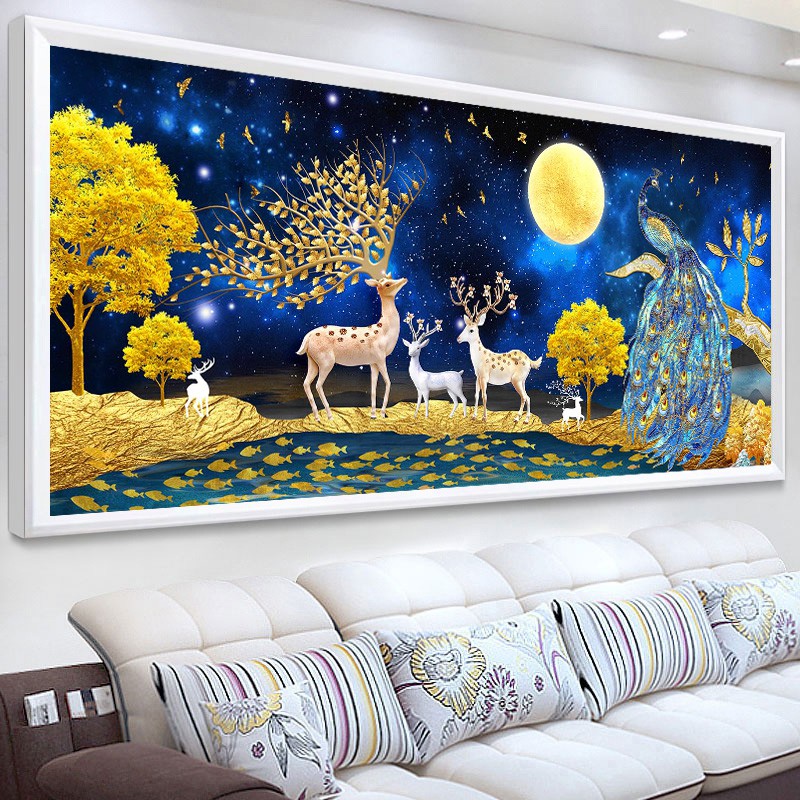 Tranh thêu kín Tuần Lộc Hươu Tài Lộc mang may mắn kích thước trung bình 150x70 cm