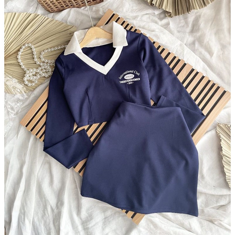 Set áo crop xanh polo tay dài cổ viền trắng kèm chân váy chữ A