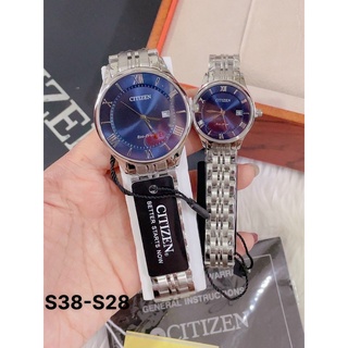 Đồng Hồ Nam Nữ Cặp Đôi Citizen , 2 Lịch Dây Thép , Size 38/28mm