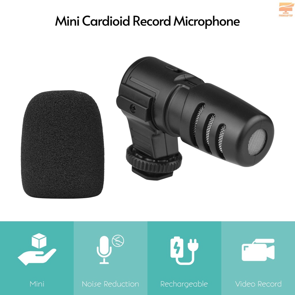 On-camera Cardioid Video Record Microphone with 3.5mm Monitoring Jack Volume Control Foam Windshield 1/4-inch Cold Shoe Mount with Built-in 110mAh Battery for DSLR Camera Recording