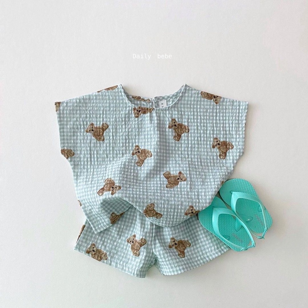 Bộ đồ áo thun không tay + quần short in họa tiết gấu dễ thương thời trang mùa hè dành cho bé trai gái sơ sinh