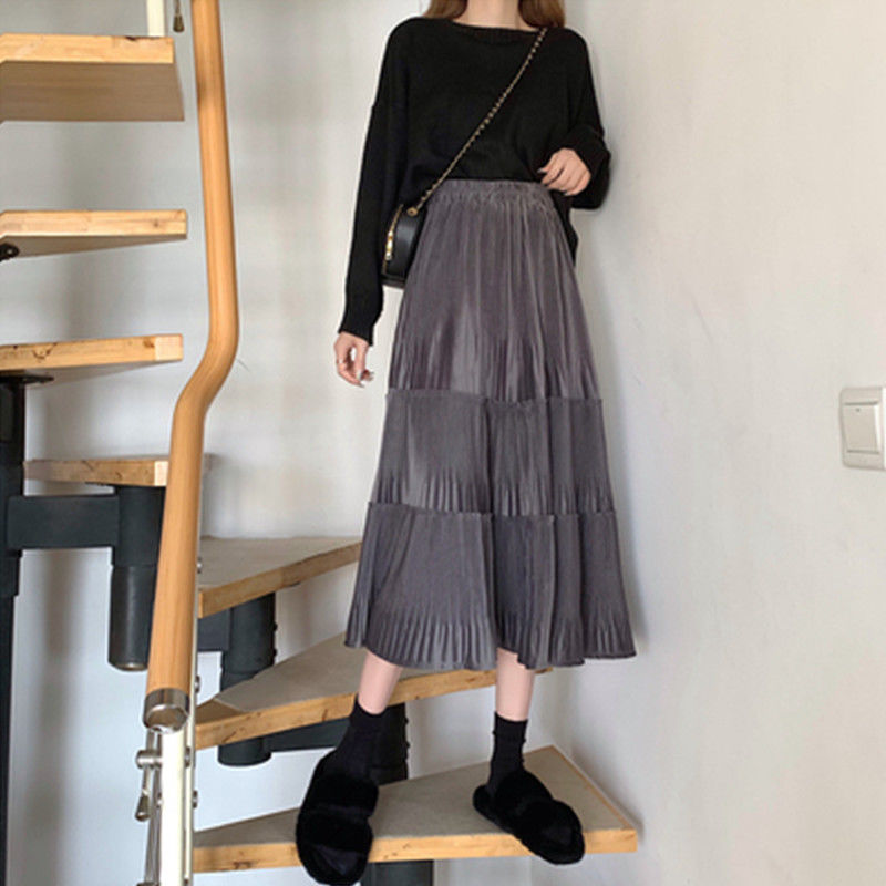 Chân Váy Len Long Gold Velvet Cake Pleated High Waist Thin A-line Skirt