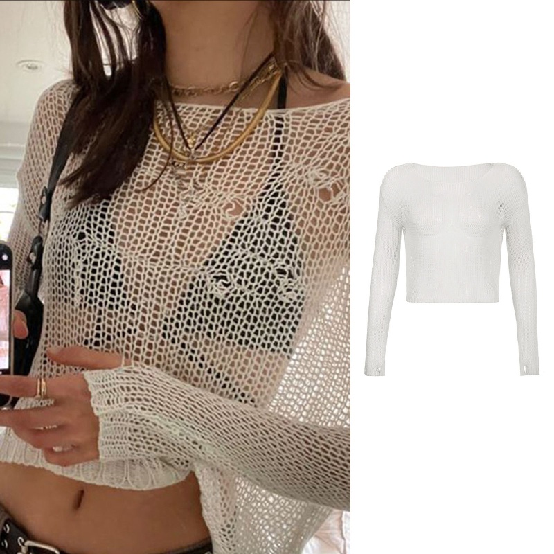 Áo Dệt Kim Tay Dài Dáng Rộng Che Phủ Lỗ Thời Trang Dành Cho Nữ