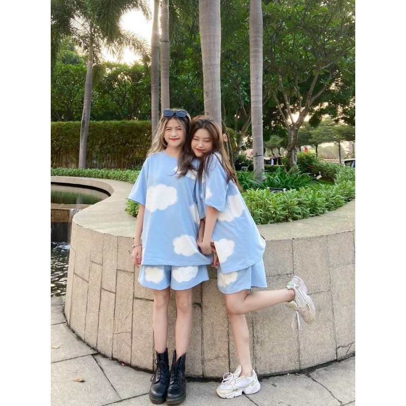 Bộ ngắn tay quần đùi mặc nhà in hình đám mây, chất thun cotton co giãn 4 chiều
