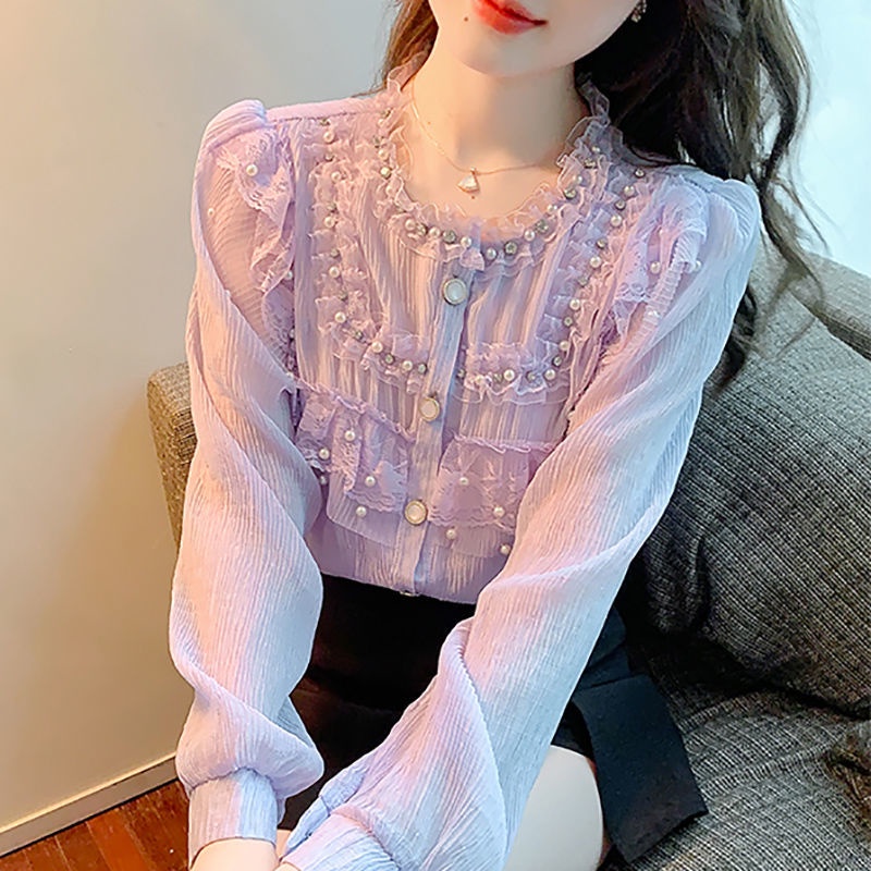 Áo Sơ Mi Viền Ren Đính Hạt Ngọt Ngào Phong Cách Hàn Quốc Mới Cho Nữ
