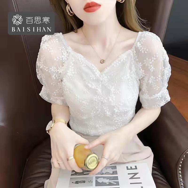 Áo Kiểu Vải Voan Phối Ren Lưới Tay Phồng Dáng Ôm Thêu Họa Tiết Xinh Xắn Thời Trang Kiểu Phương Tây