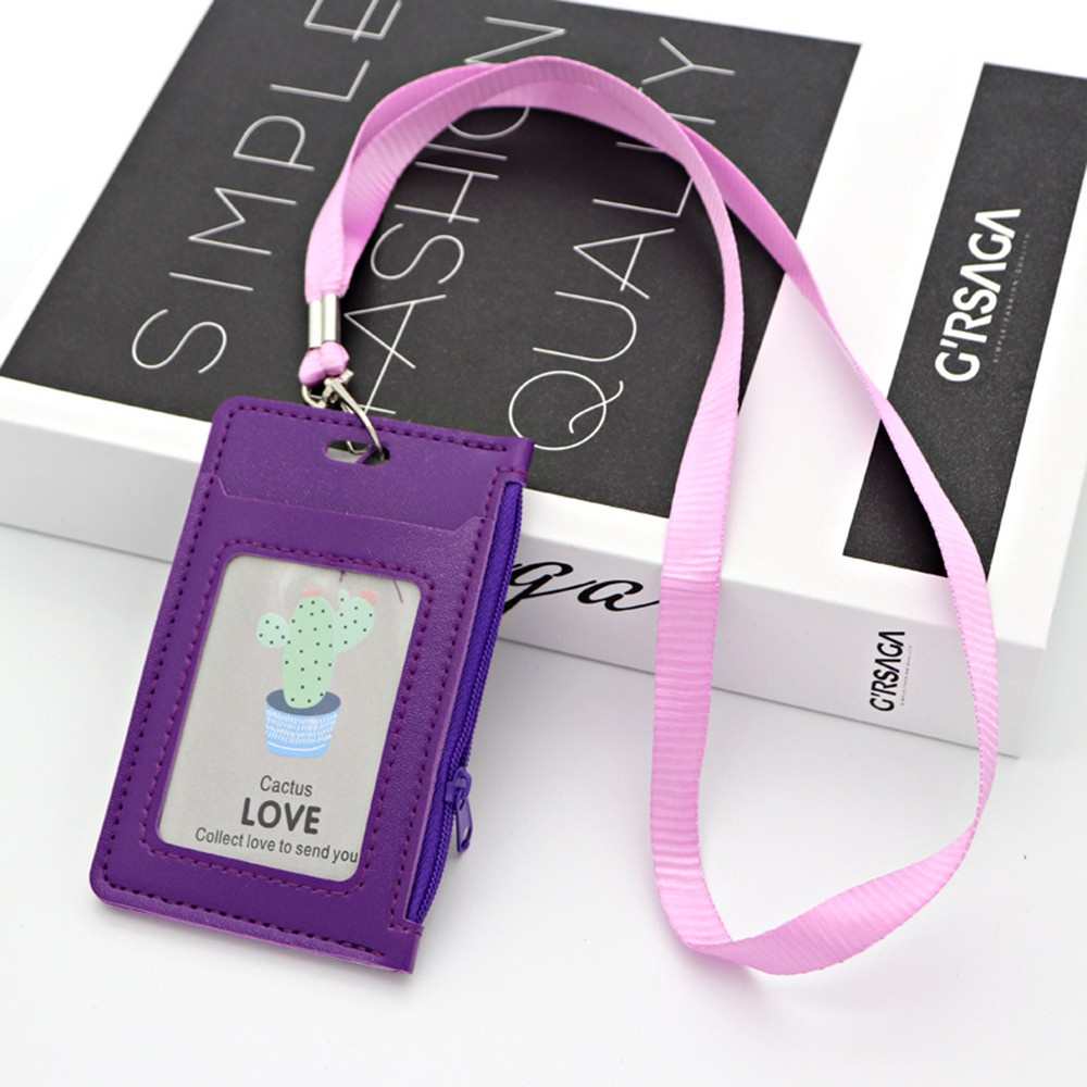 Bao đựng thẻ bằng da PU có dây đeo cổ có khóa kéo đơn giản tiện dụng cho học sinh / nhân viên văn phòng