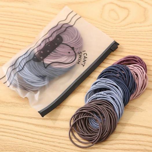 Set 100 dây buộc tóc trơn kèm túi zip siêu xinh,thun cột tóc co dãn nhiều màu