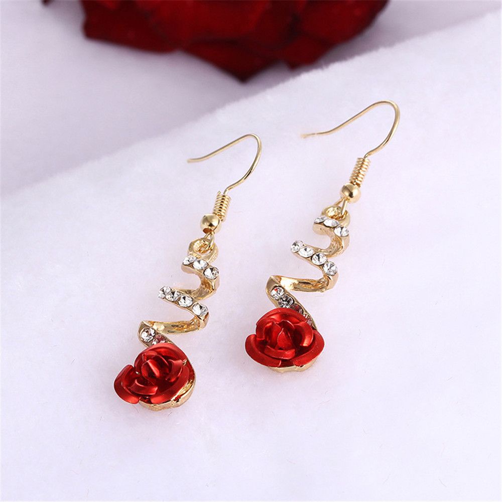 Bông tai dáng dài hình hoa hồng đính đá phong cách Hàn Quốc thời trang cho nữ