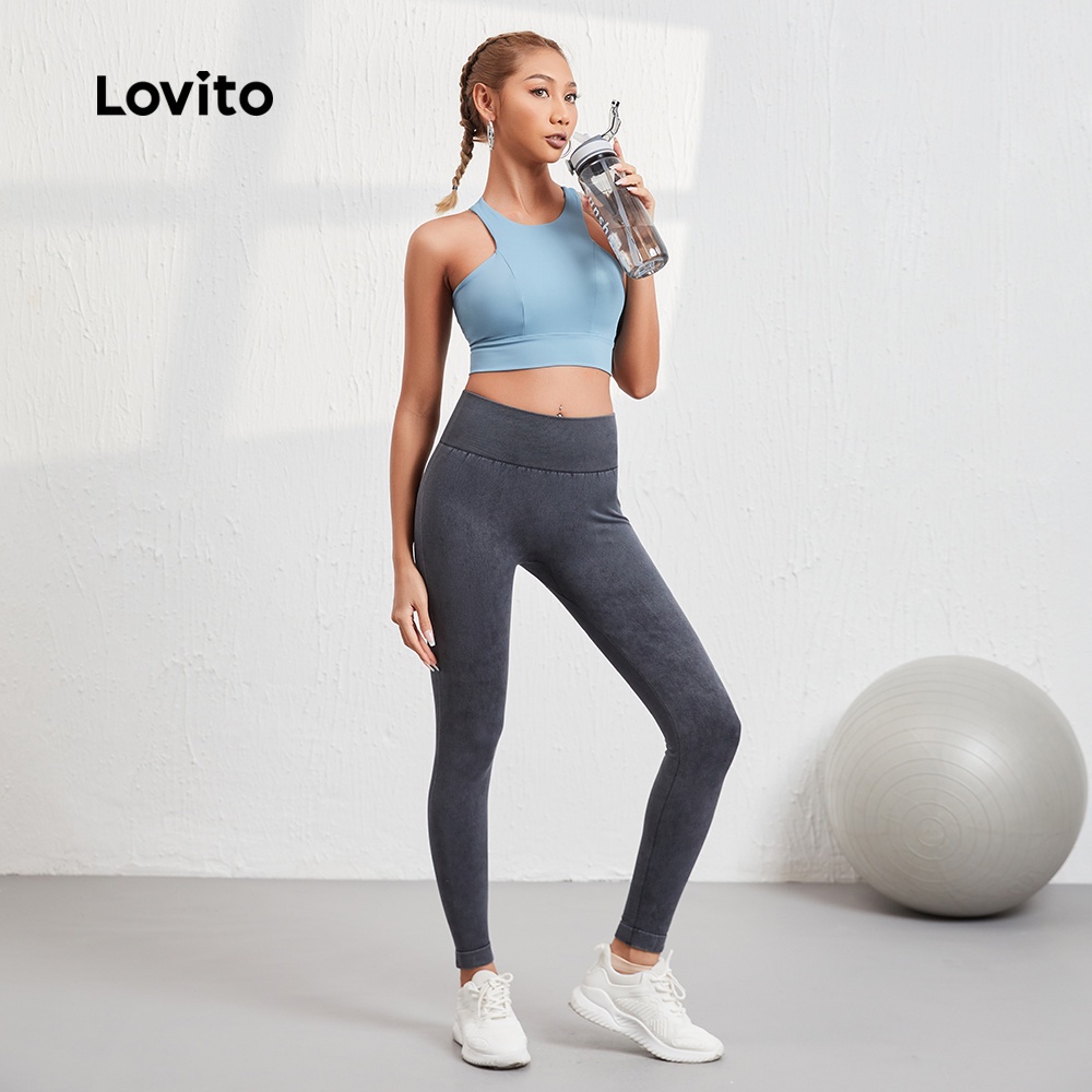 Áo bra thể thao Lovito màu trơn đơn giản thiết kế lưng đẹp nhanh khô L08069 (Màu xanh dương nhạt)