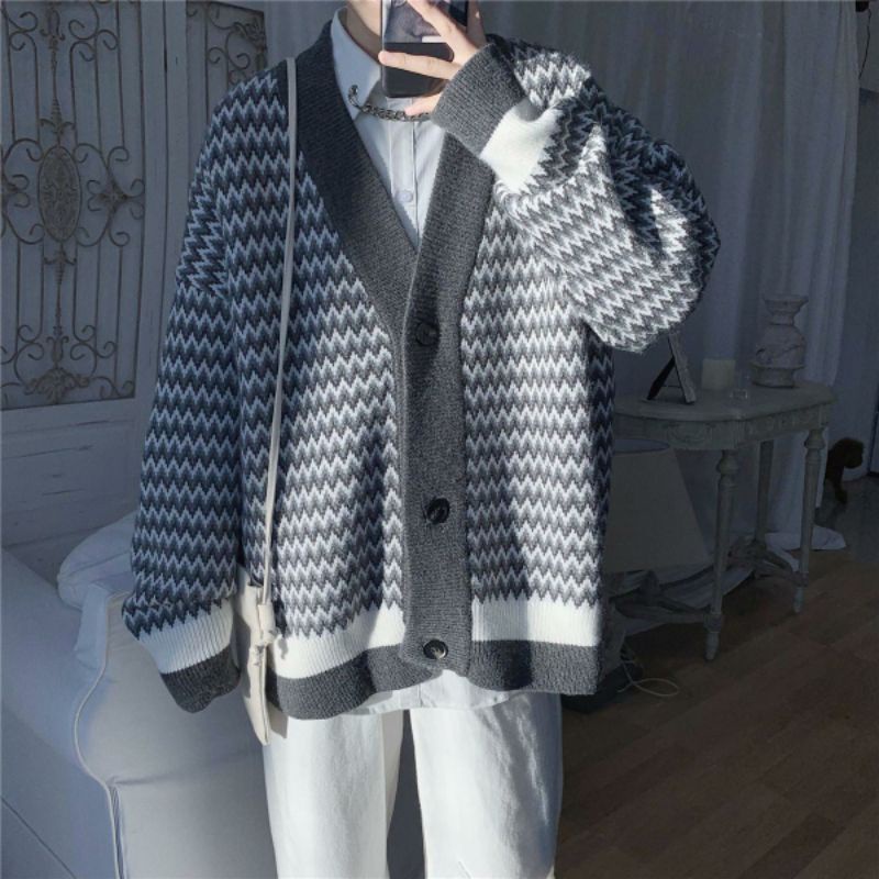Áo Cardigan Kẻ Sóng Vintage Unisex