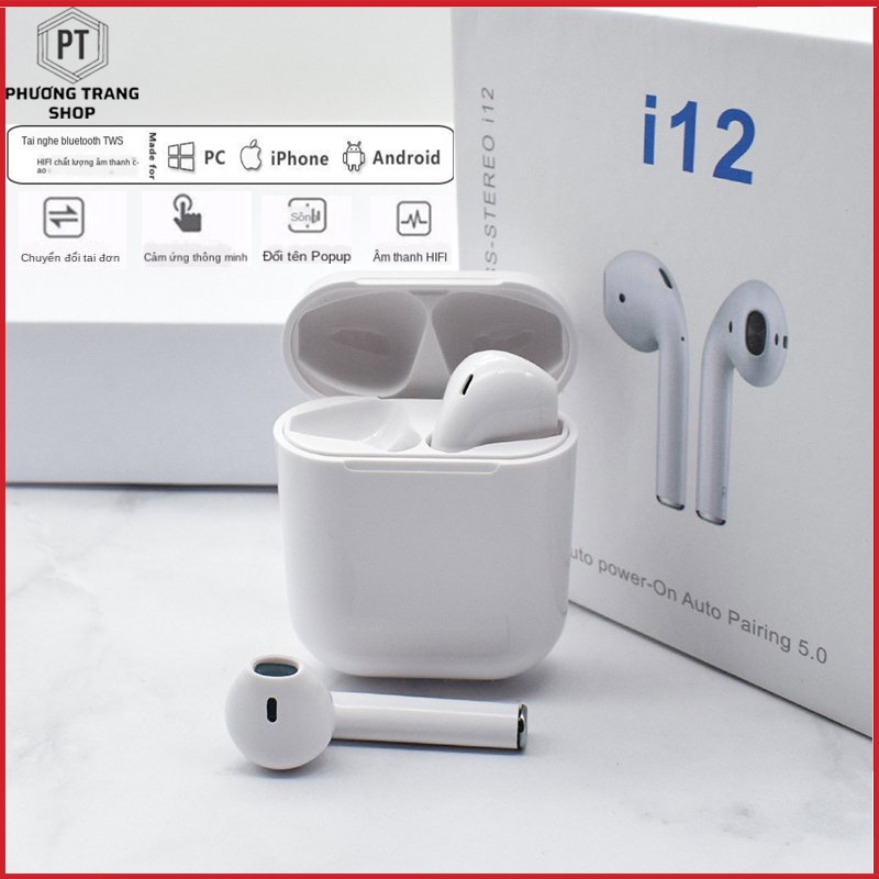 Tai nghe bluetooth i12 TWS 5.0 bản Quốc tế âm thanh chuẩn HIFI tai nghe không dây i12 dùng cho IOS Android