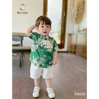 sét sơ mi hoạ tiết lụa, quần linen trắng cho bé trai từ 9-22kg, hàng chính hãng bernie