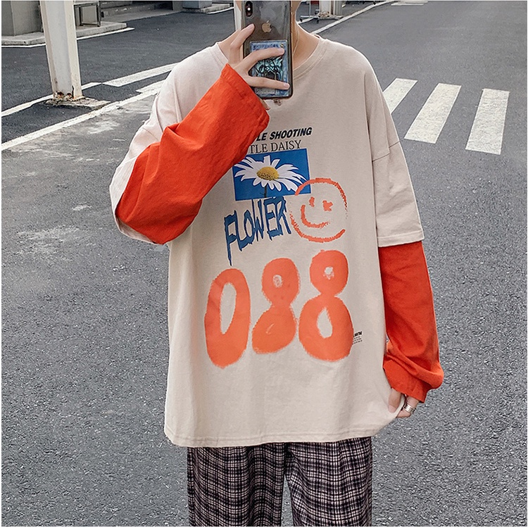 Cặp áo thun IFNICEFUTURE vải cotton dài tay dáng rộng cổ lớn in họa tiết phong cách Hồng Kông thời trang mới cho nam nữ