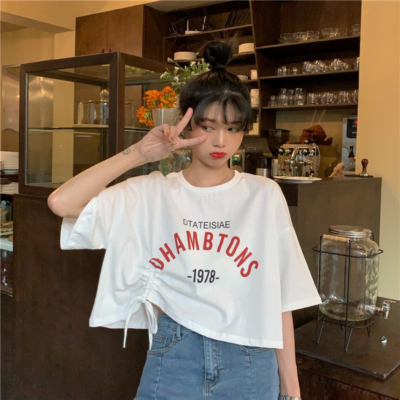 Áo croptop nữ form rộng tay lỡ dây rút eo in hình OHAMBTONS chất cotton không xù