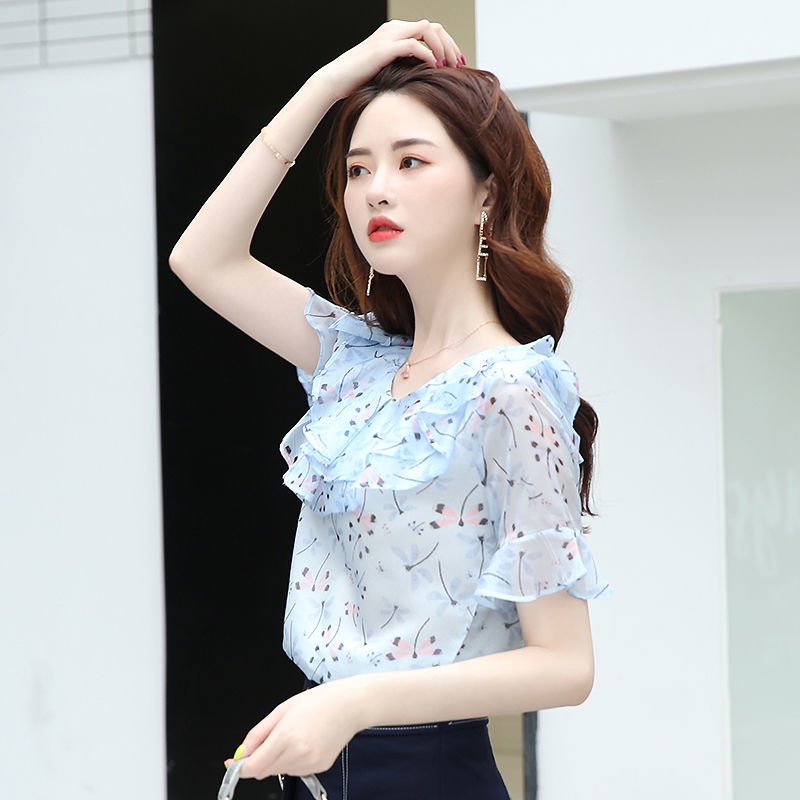 Áo Sơ Mi Chiffon Tay Ngắn Cổ Lá Sen Ôm Dáng Thời Trang Cho Nữ