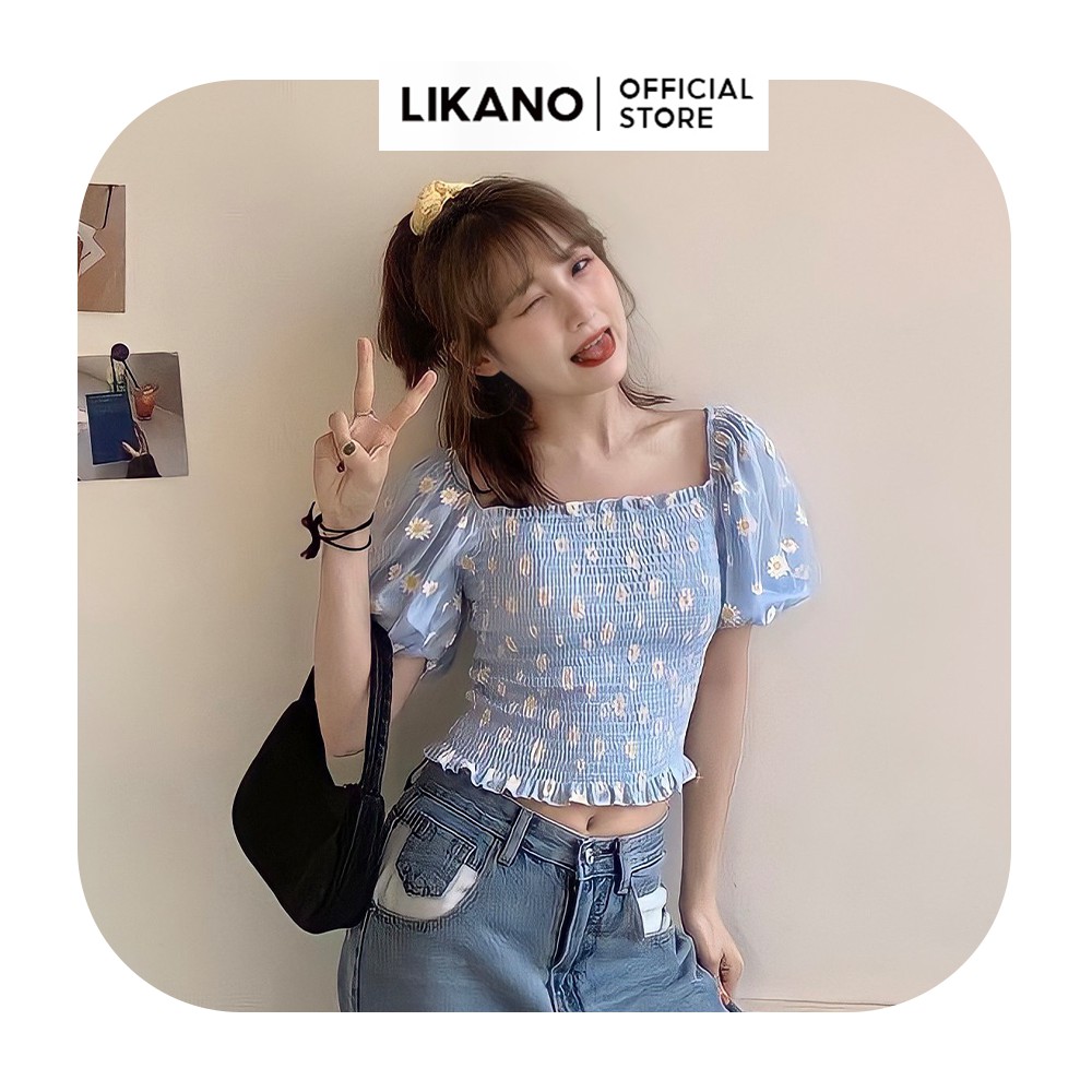 Áo croptop trễ vai hoa nhí 6 màu nhún eo LIKANO CRT32