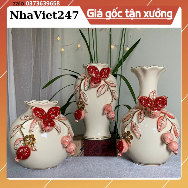 Bộ 3 Bình Hoa-Bình Cắm Bông Bằng Gốm Sứ Quảng Châu,Mạ Vàng,DECOR,trang trí,Bàn,Tủ,Kệ,hàng cao cấp,giá rẻ,quà tặng đẹp