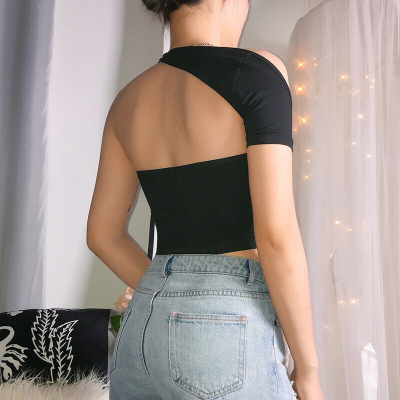 Áo crop top thể thao vai màu đen trơn sành điệu dành cho nữ