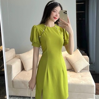 Đầm sườn xám tay phồng xẻ tà cho nữ đi chơi dự tiệc công sở