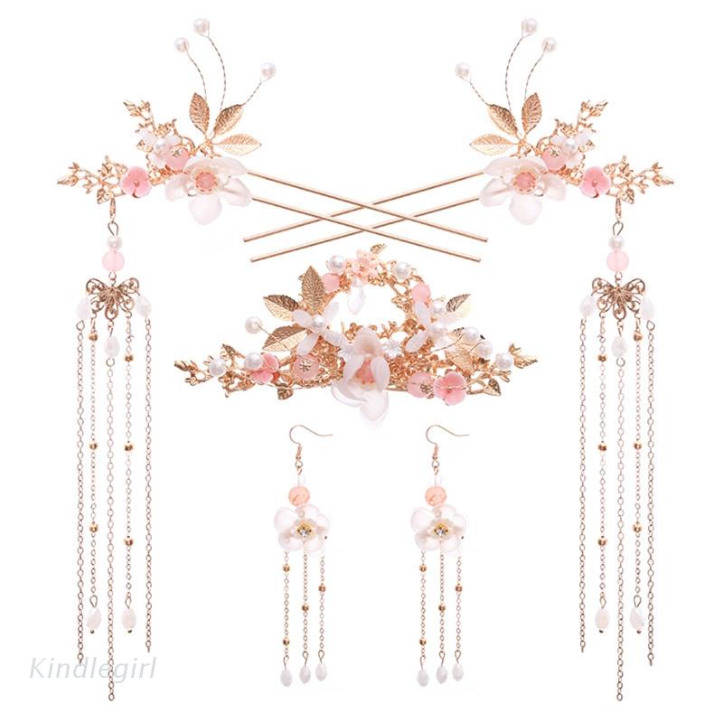 Bộ đồ trang sức cổ tua rua họa tiết bông hoa gồm kẹp tóc + hoa tai + châm cài khi mặc Hán phục cho nữ