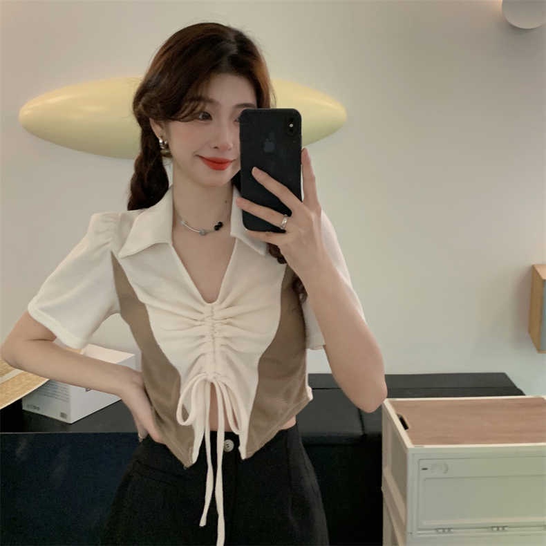 Áo Thun Ngắn Cổ Chữ V Phối Dây Rút Thời Trang Mùa Hè Hàn Quốc Mới 2022 Cho Nữ