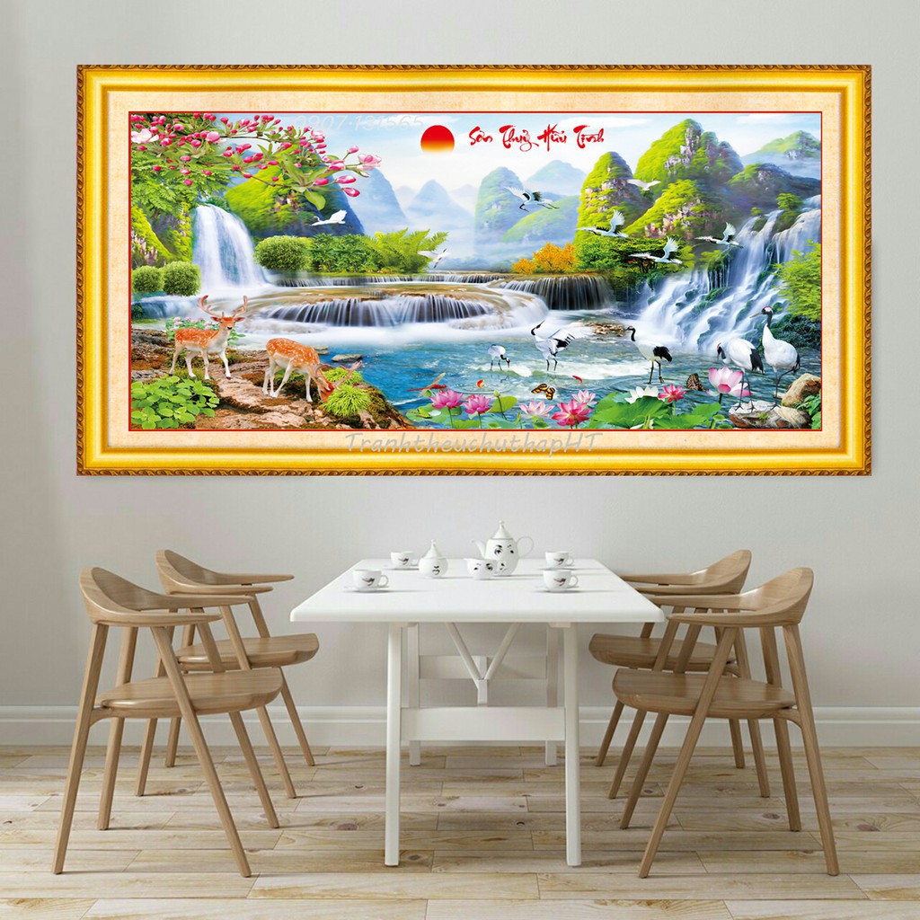 Tranh Đính Đá PHONG CẢNH SƠN THỦY HỮU TÌNH. Kích Thước: 1m20 x 55cm - 1m60 x 70cm - 1m98 x 86cm