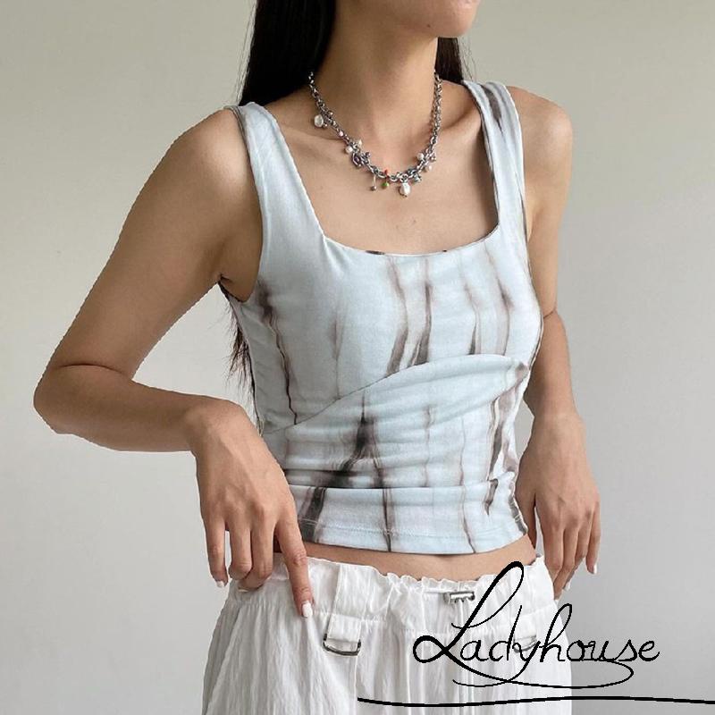 Áo Tank Top Không Tay Cổ Vuông Màu Trắng In Họa Tiết Thời Trang Mùa Hè Cho Nữ