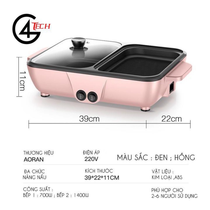 Nồi lẩu nướng điện  Siêu chống dính, Bếp lẩu nướng mini 2 ngăn Cao cấp Bảo hành 6 tháng