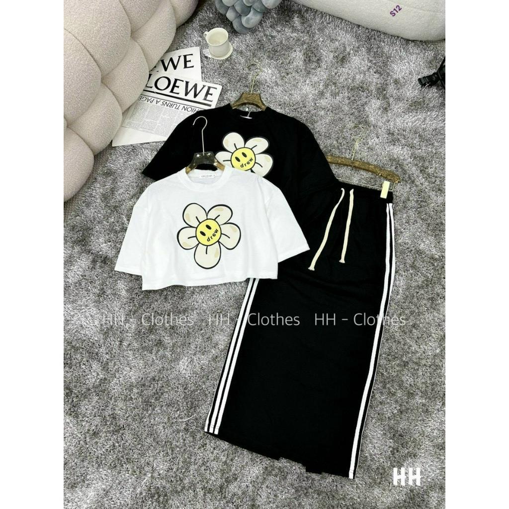 Sét Váy Nữ Aó Thun Croptop Phối Chân Váy Dài Phối Sọc,Sét Bộ Thun Gân Mềm Mặc Tôn Dáng