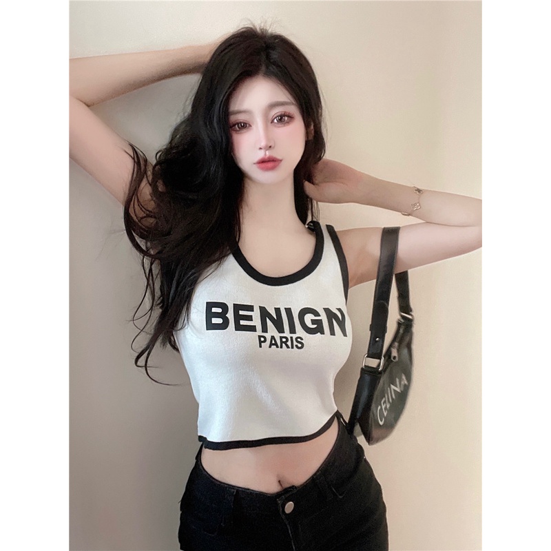622026#Áo Dệt Kim Sát Nách Dáng Ngắn In Chữ Thời Trang Mùa Hè Cho Nữ