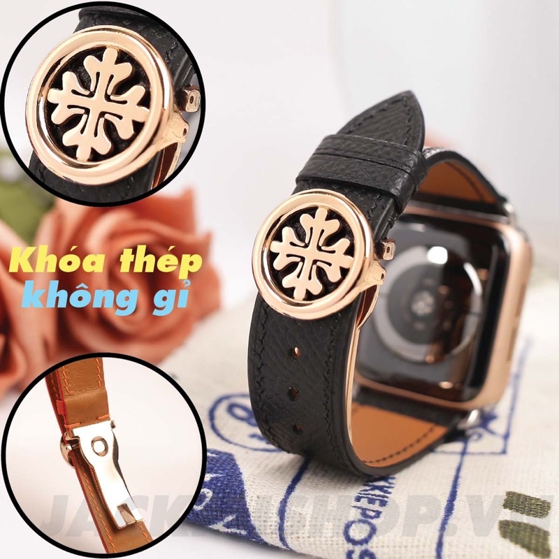 [DÂY DA THẬT] DÂY DA BÊ EPSOM MAY TAY THỦ CÔNG MÀU ĐEN KHÓA PATEK CHO APPLE WATCH SERIES 1=&gt;6 (BẢO HÀNH 1 NĂM)