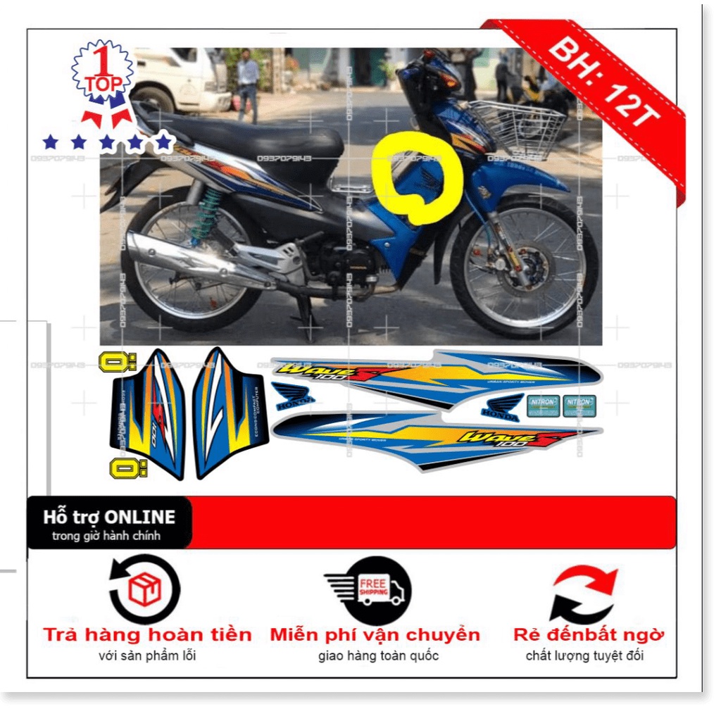 ( Quí khách vui lòng mang ra tiệm cho thợ dán ) Tem wave S 100 bạc xanh đen