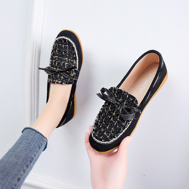 Giày lười nữ đen sang chảnh đế mềm phối nơ xinh xắn, giày nữ đế bệt G990D